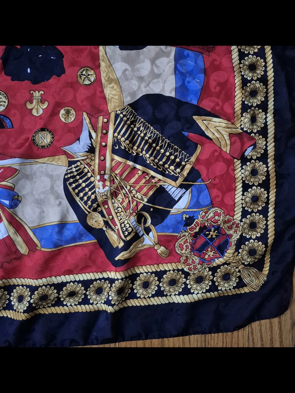 100% Silk Square Scarf with Military Details in Red, Navy & Gold Trim
